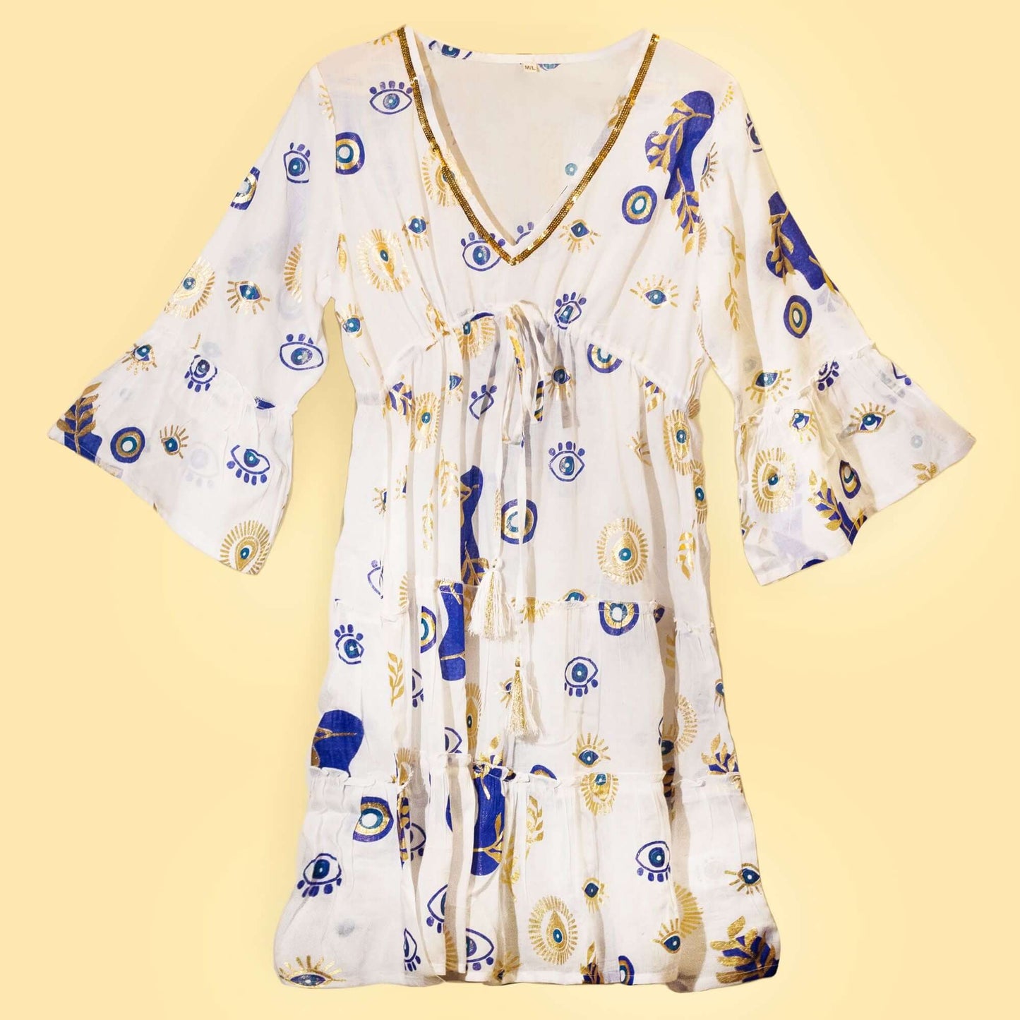 Nomad Sari Evil Eye Dress White Blue Gold Size L/XL