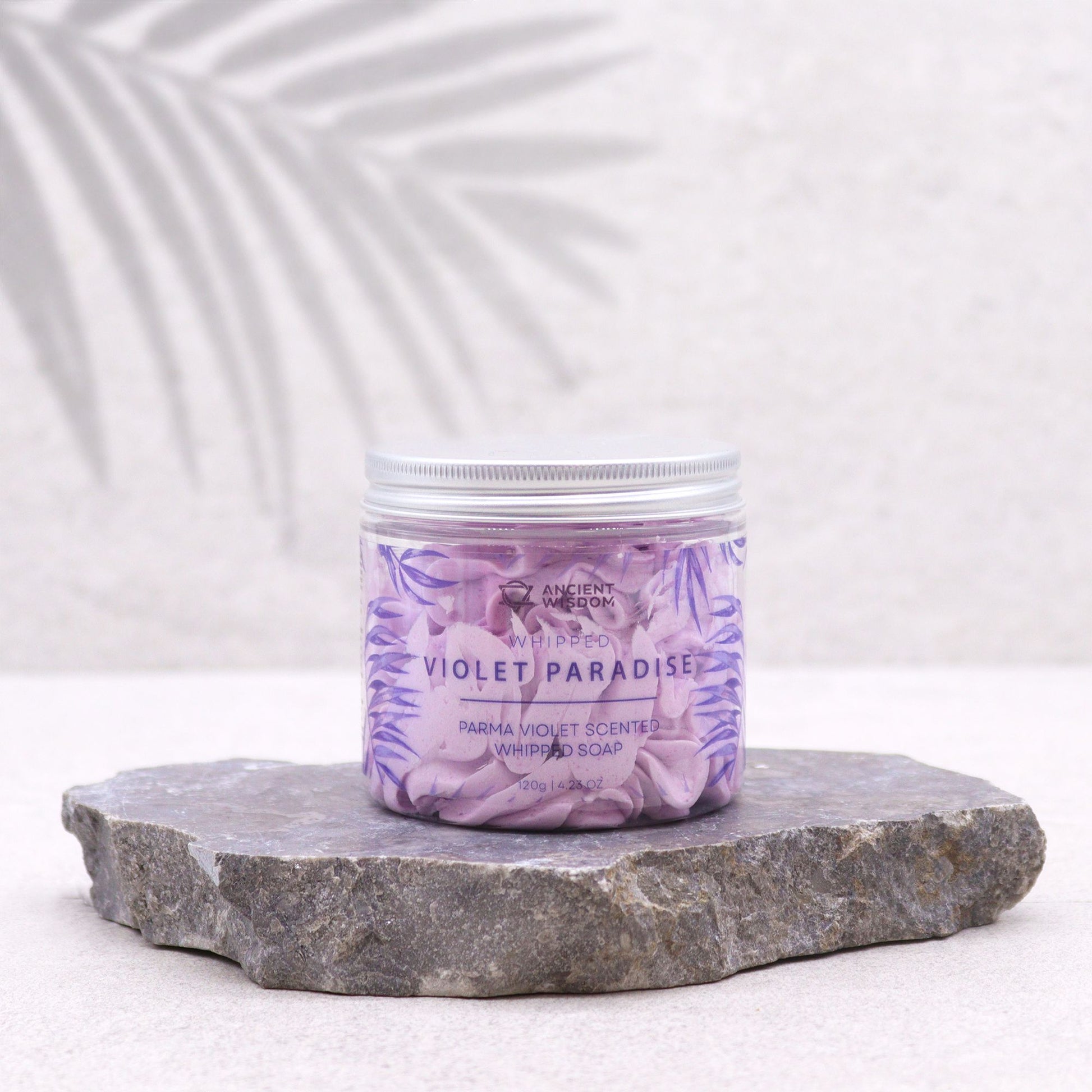 Parma Violet Whipped Soap 120g, Violet Paradise scented jar with purple floral label.