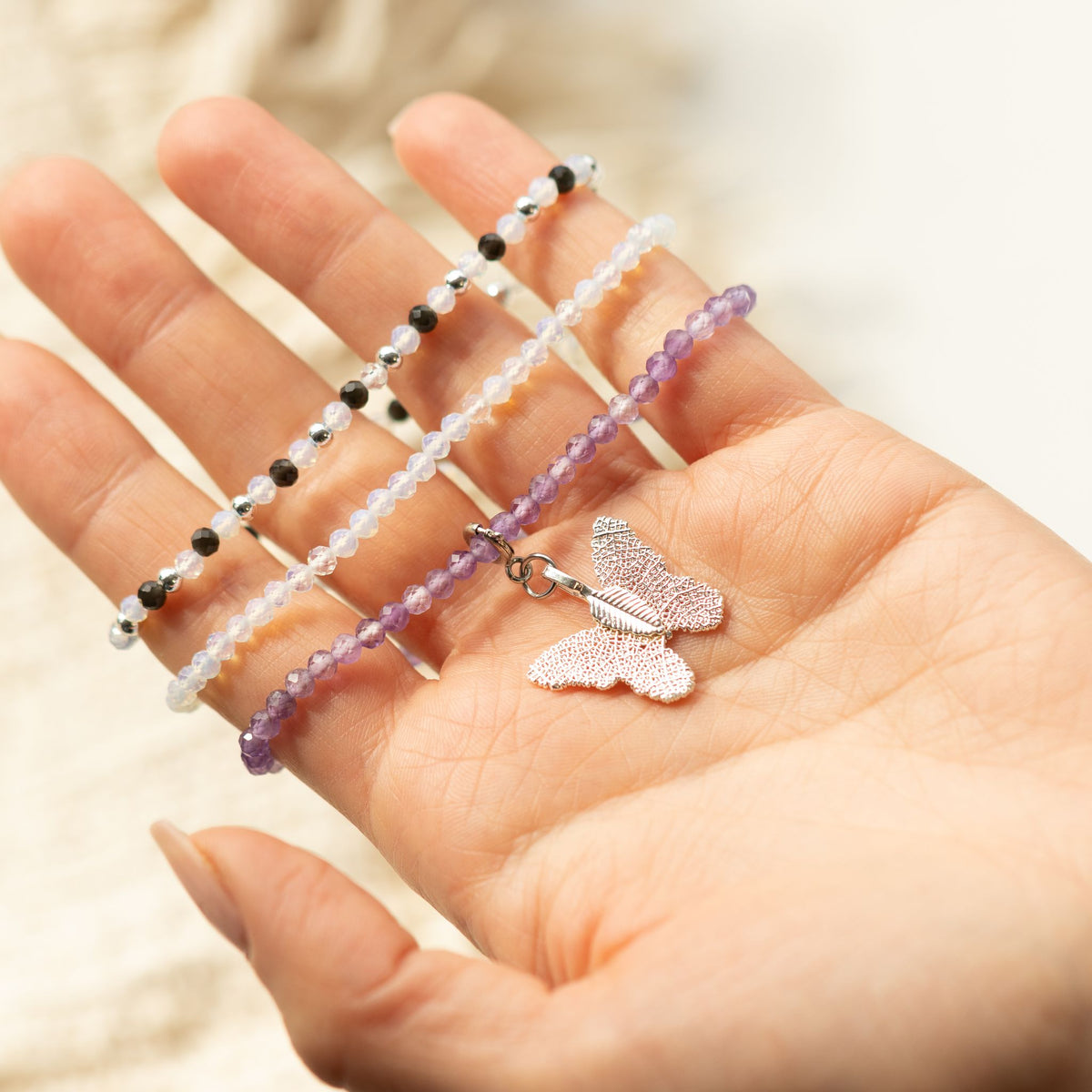 Amethyst, Moonstone & Black Obsidian Gemstone Bracelet Set
