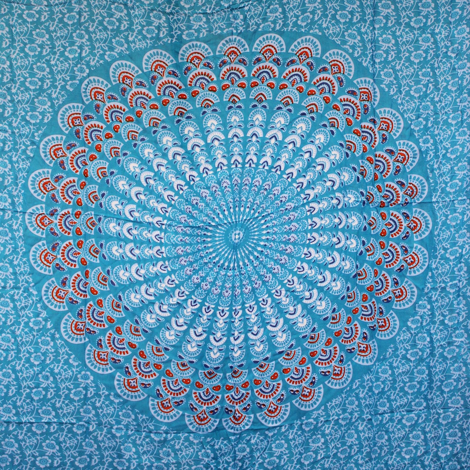 Vibrant Teal Orange Mandala Sarongs featuring intricate peacock feather designs, perfect for beachwear or cover-ups.