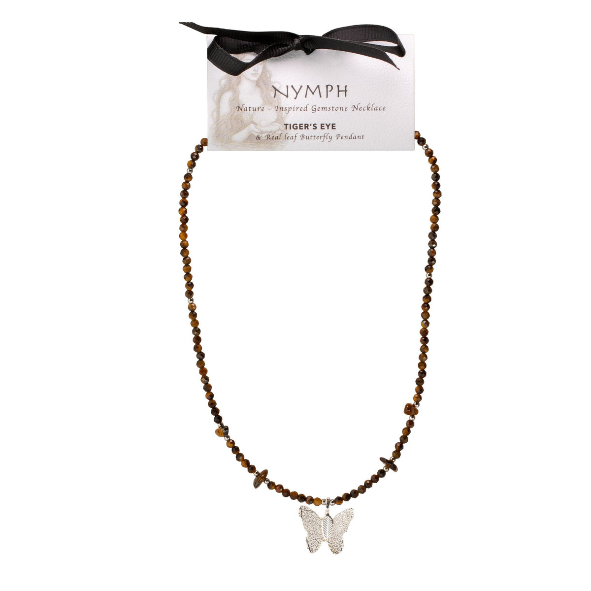 Tiger's Eye Gemstone Necklace with Real Leaf Butterfly Pendant