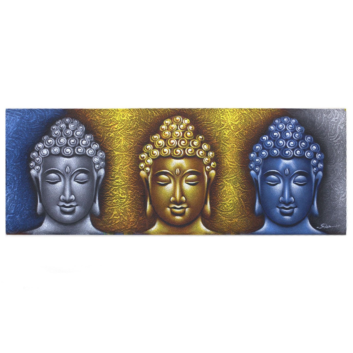 Buddha Painting - Three Heads Gold Detail by Balinese Artisans - three serene Buddha heads in blue, gold and silver