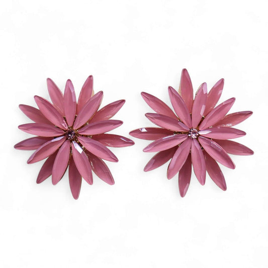Pair of soft pink vintage glass flower earrings with crystal centres.