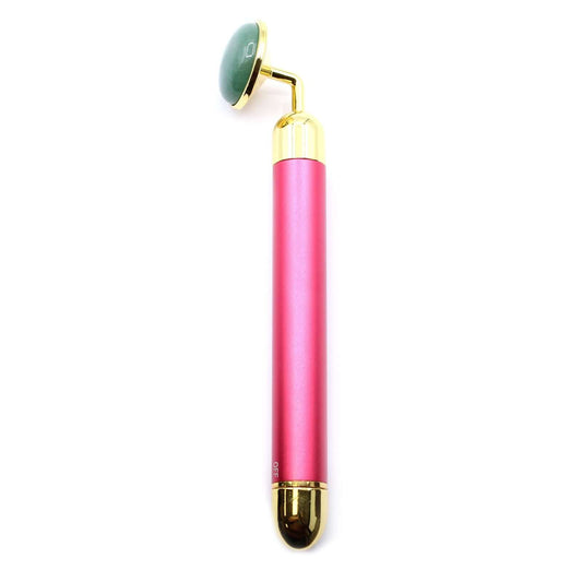 Gemstone Vibration Pad Jade Facial Massager With Gold Trim - Pink handle with jade head for skincare.
