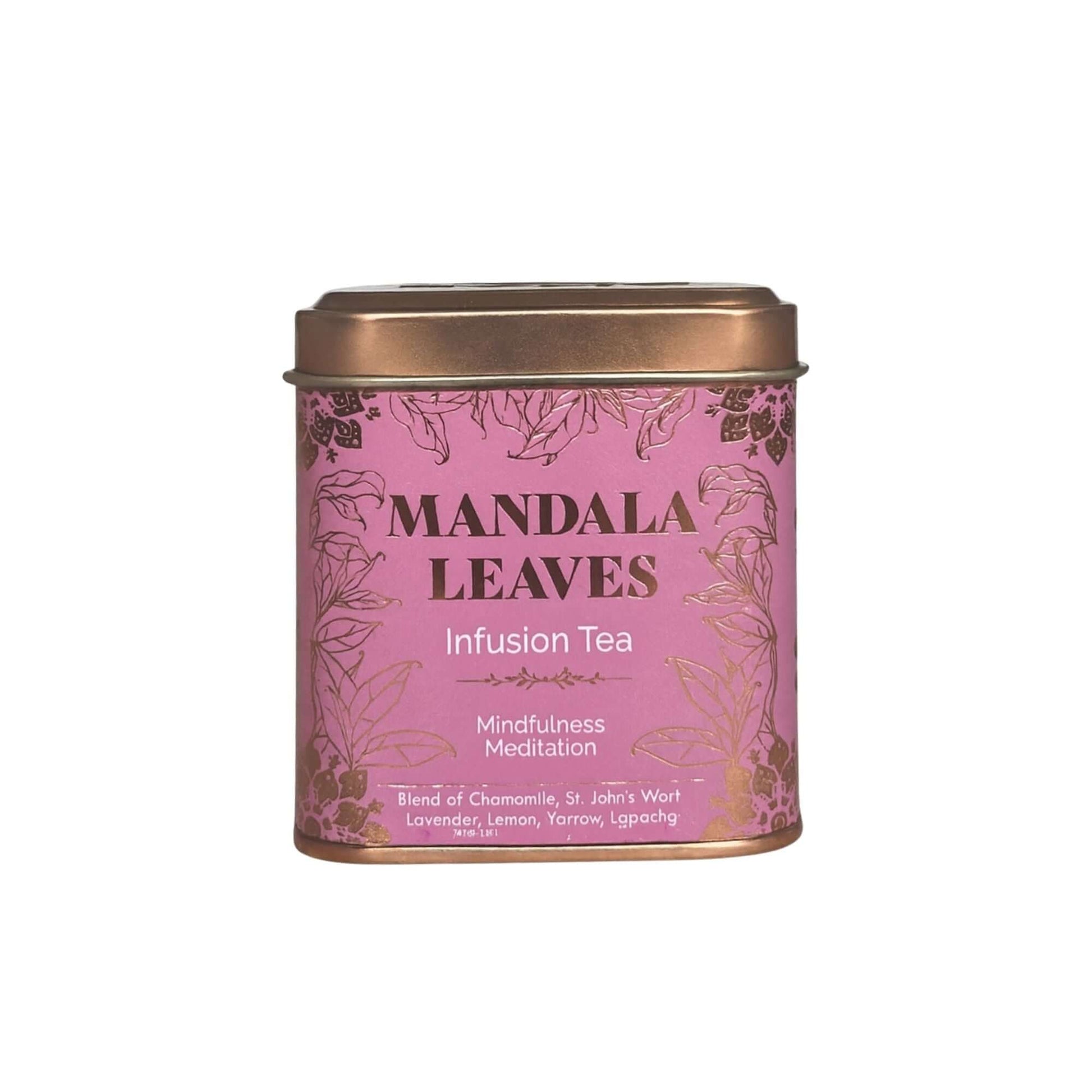 50g Mindfulness Meditation Tea Blend in a pink tin with gold detailing featuring chamomile and lavender ingredients.