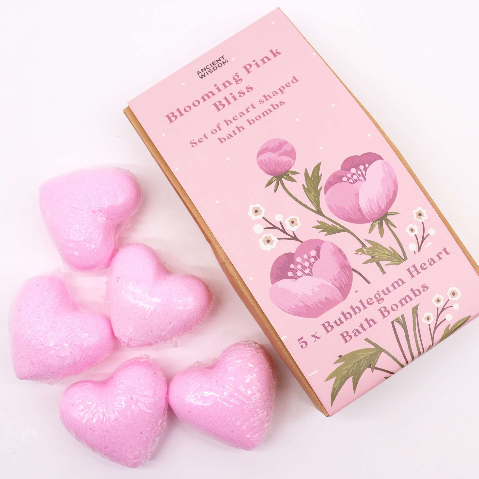 Blooming Pink Bliss Bath Heart Gift Set by Ancient Wisdom, pink heart-shaped bubblegum bath bombs in floral box