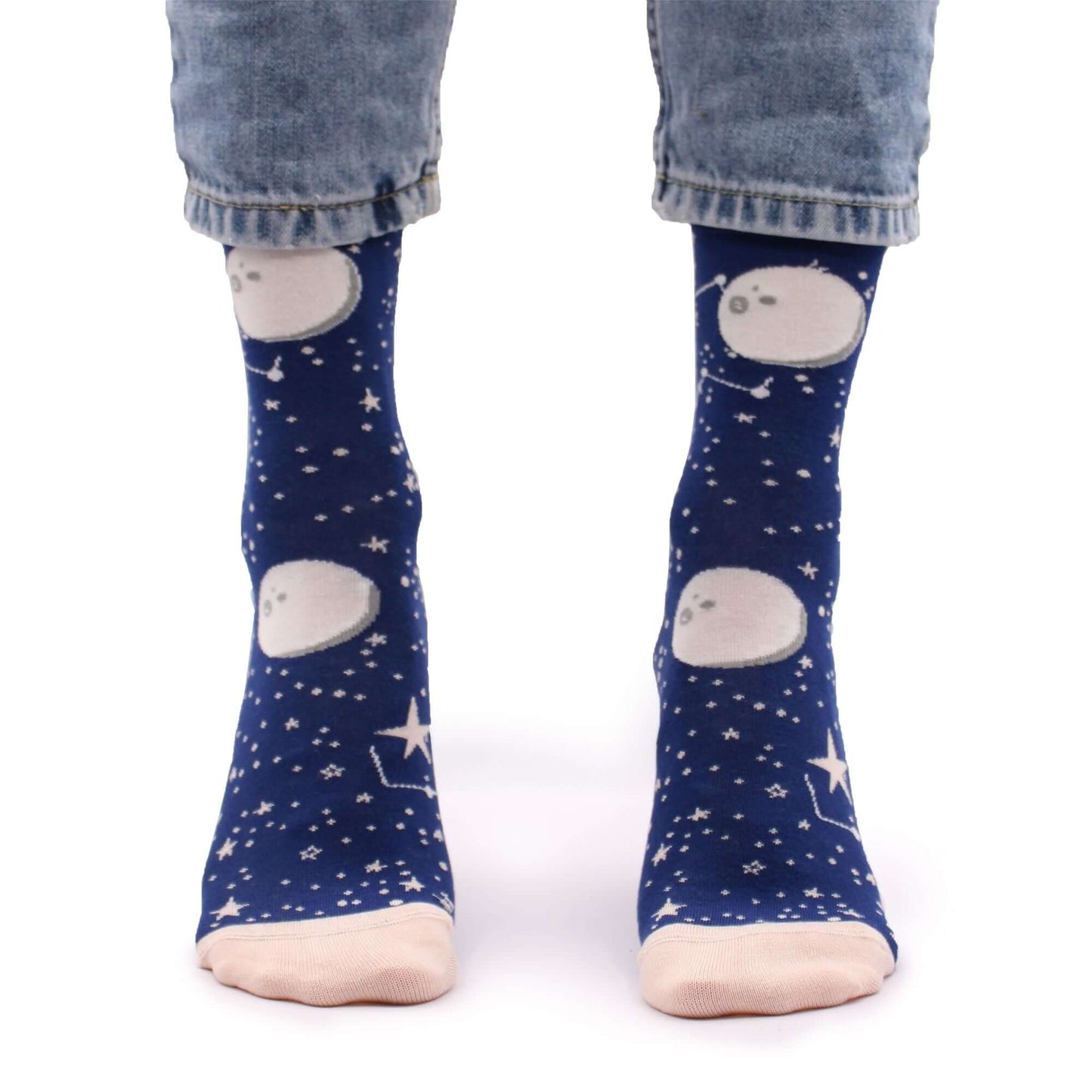 Hop Hare Bamboo Socks S/M - Moon Walk featuring celestial moon and stars design on blue background.