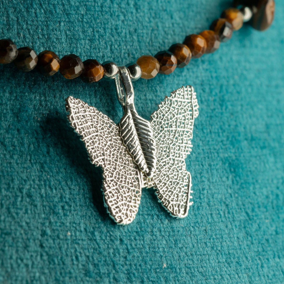 Tiger's Eye Gemstone Necklace with Real Leaf Butterfly Pendant