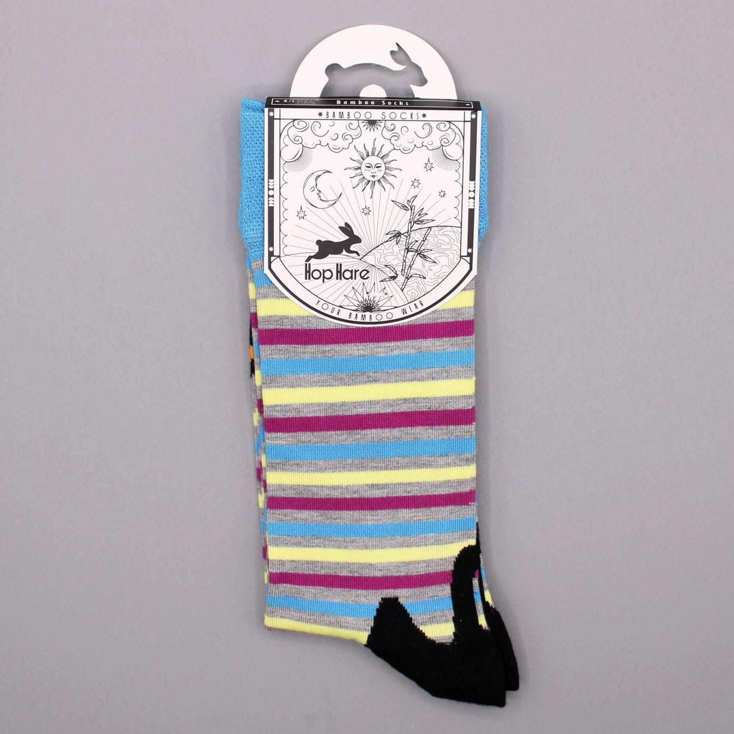 Hop Hare Bamboo Socks S/M - Hocus Pocus colorful striped design with rabbit graphic and packaging.