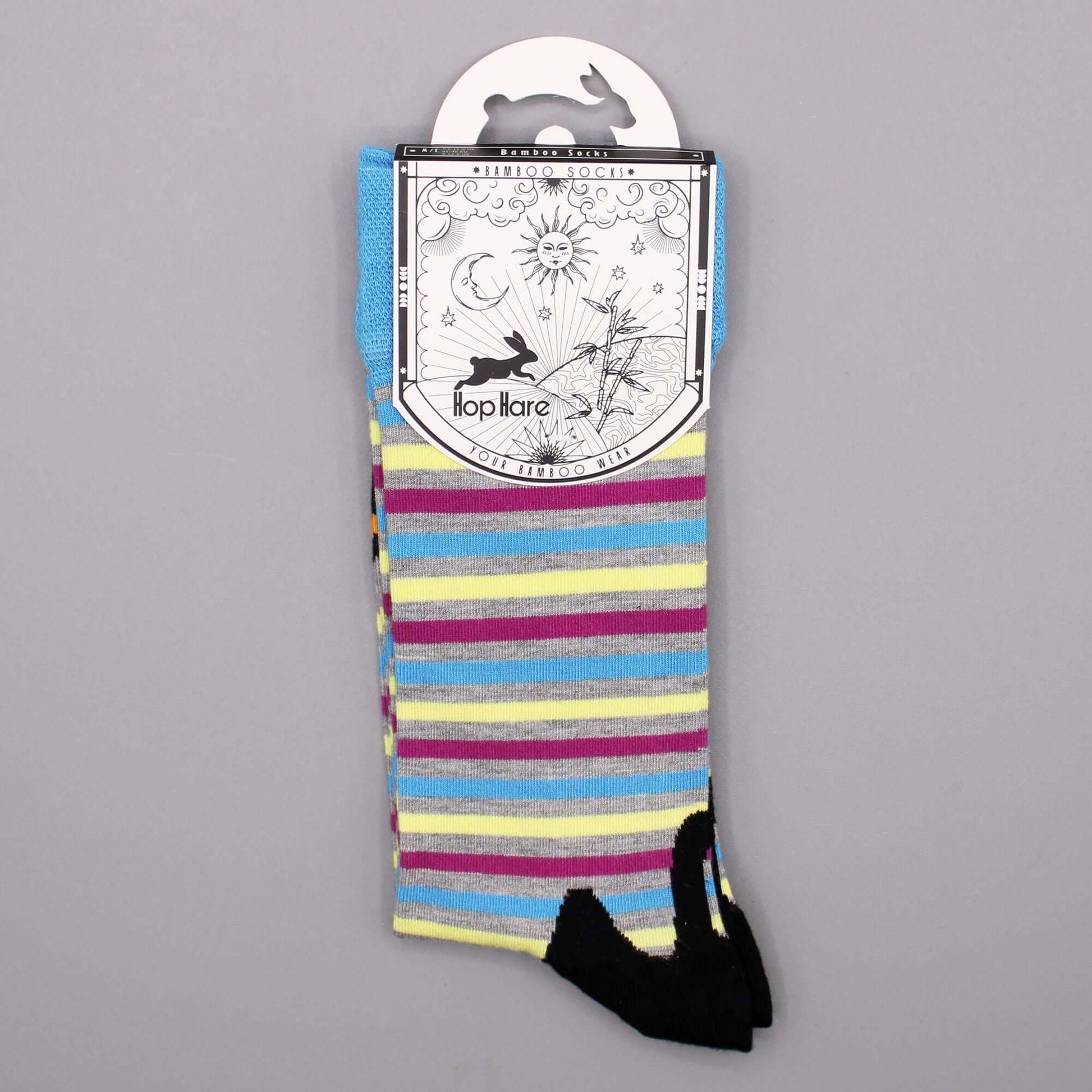 Hop Hare Bamboo Socks S/M - Hocus Pocus colorful striped design with rabbit graphic and packaging.