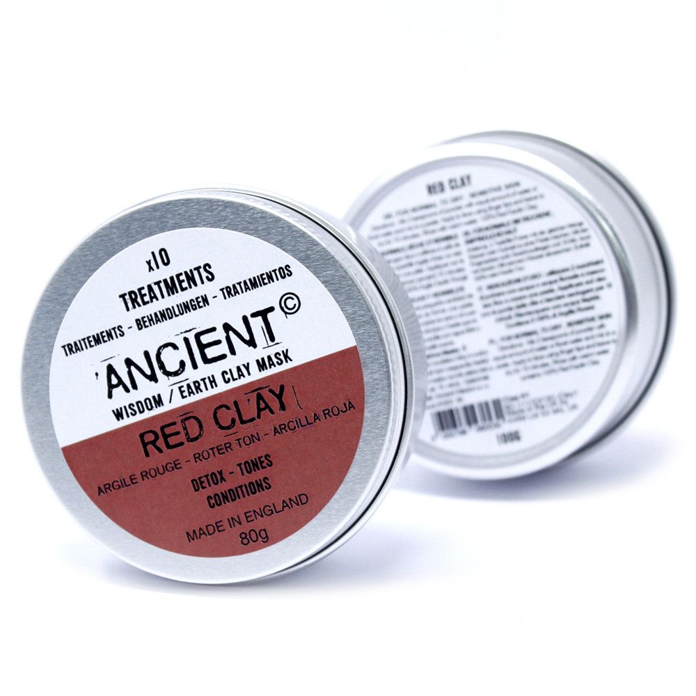 Ancient Wisdom Red Clay Face Mask 80g tin with iron oxide red clay label.