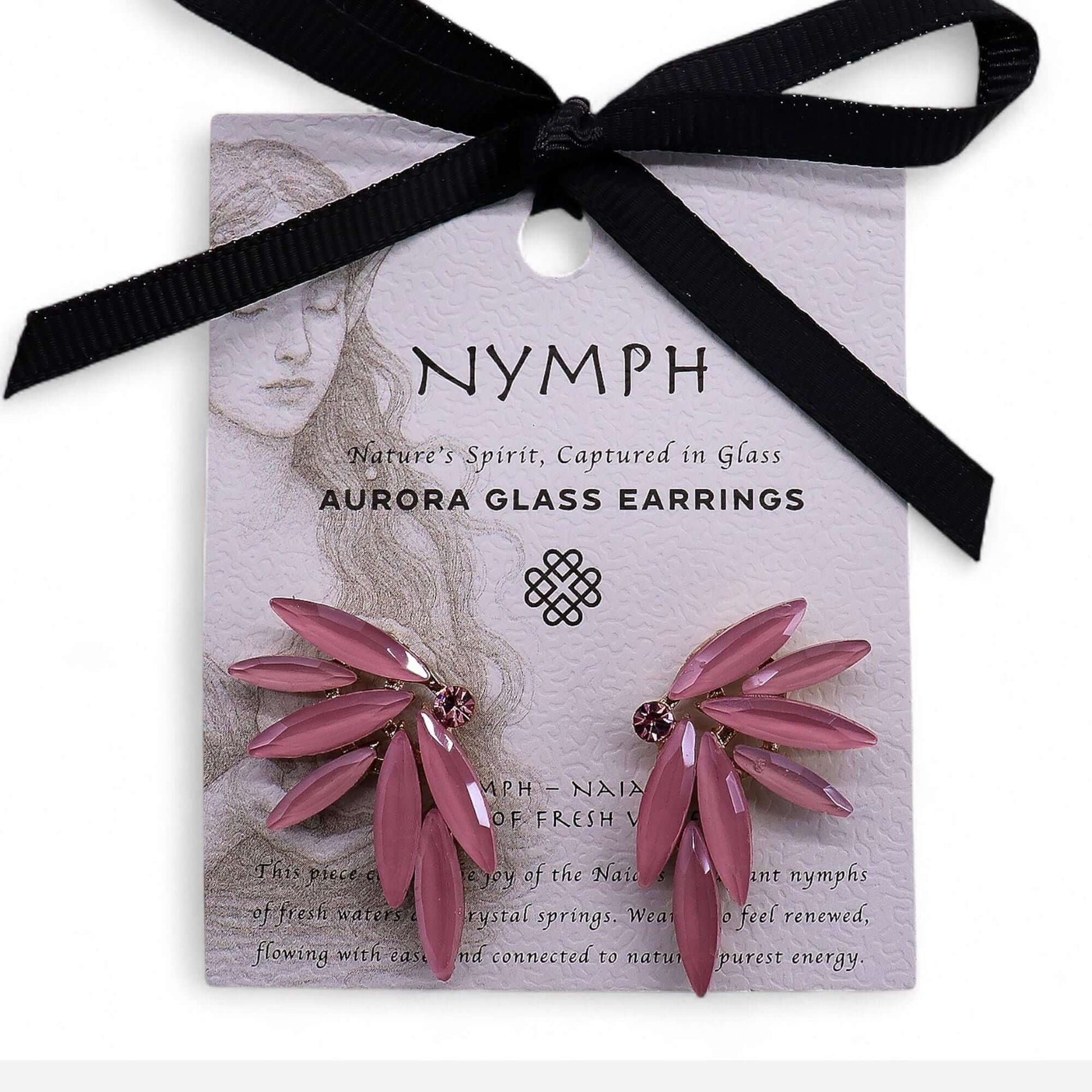 Soft Pink vintage glass fairy earrings on a lavender card with a black ribbon, 7.5 × 6 cm.