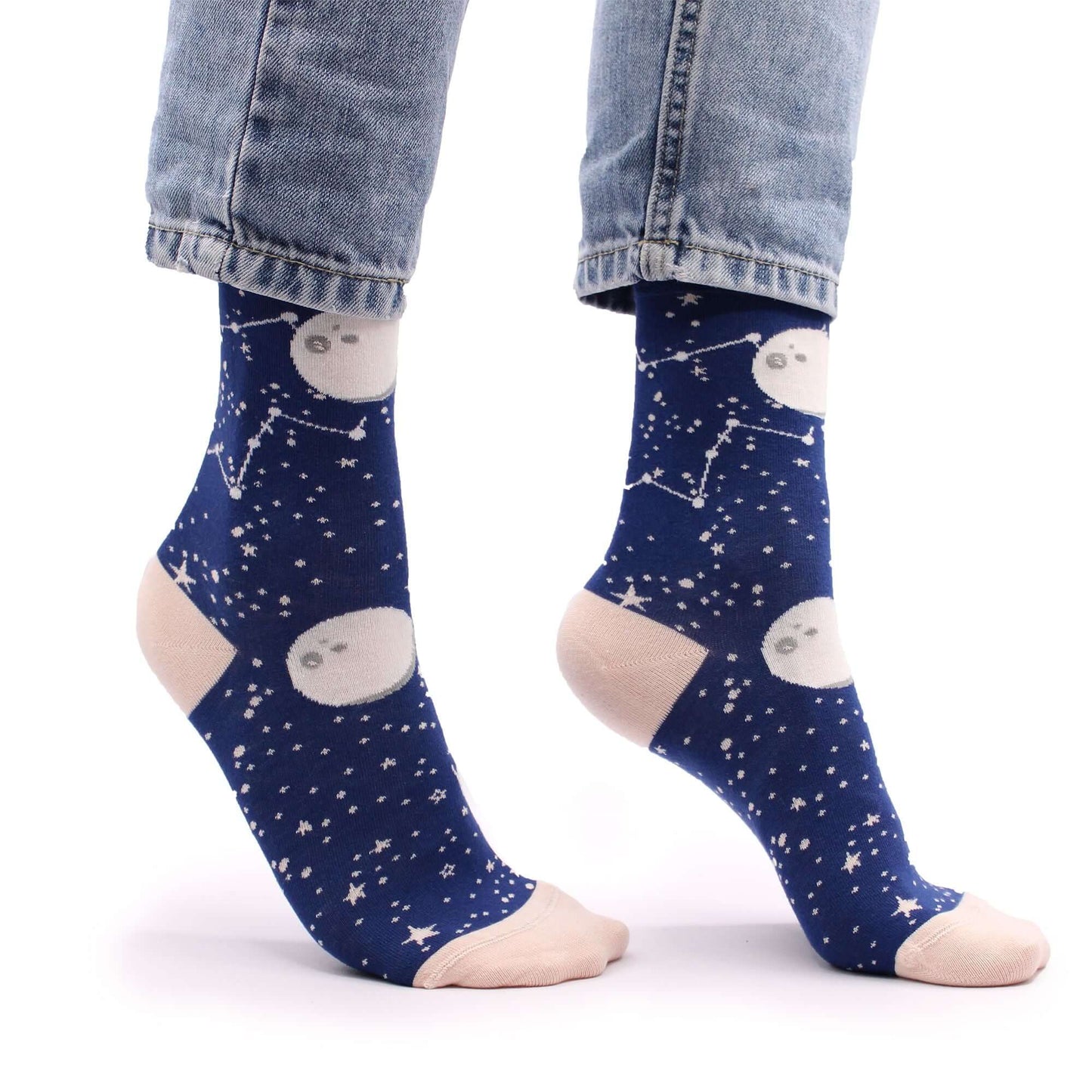 Hop Hare Bamboo Socks S/M - Moon Walk featuring celestial design and star patterns on a navy background.
