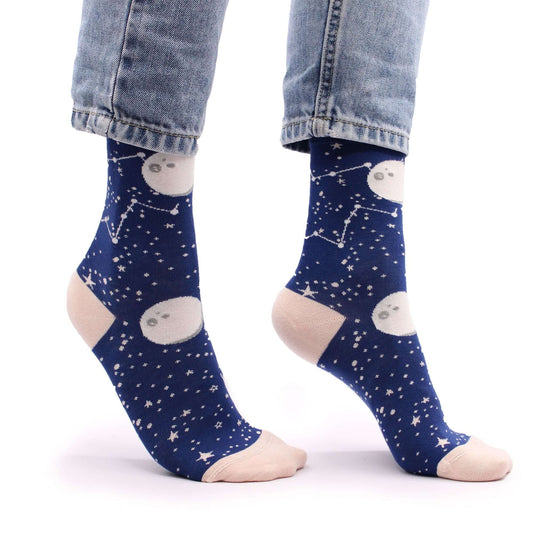Hop Hare Bamboo Socks S/M - Moon Walk featuring celestial design and star patterns on a navy background.