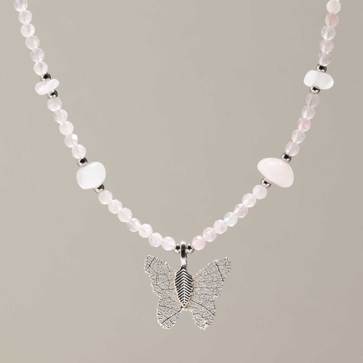 Rose Quartz Gemstone Necklace with Real Leaf Butterfly Pendant