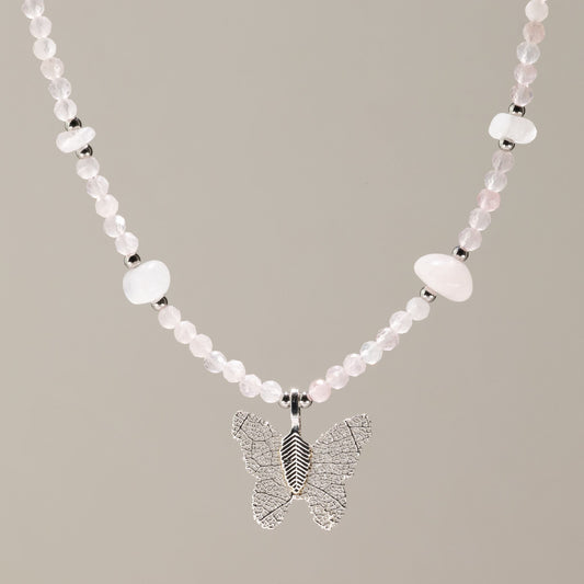 Rose Quartz Gemstone Necklace with Real Leaf Butterfly Pendant