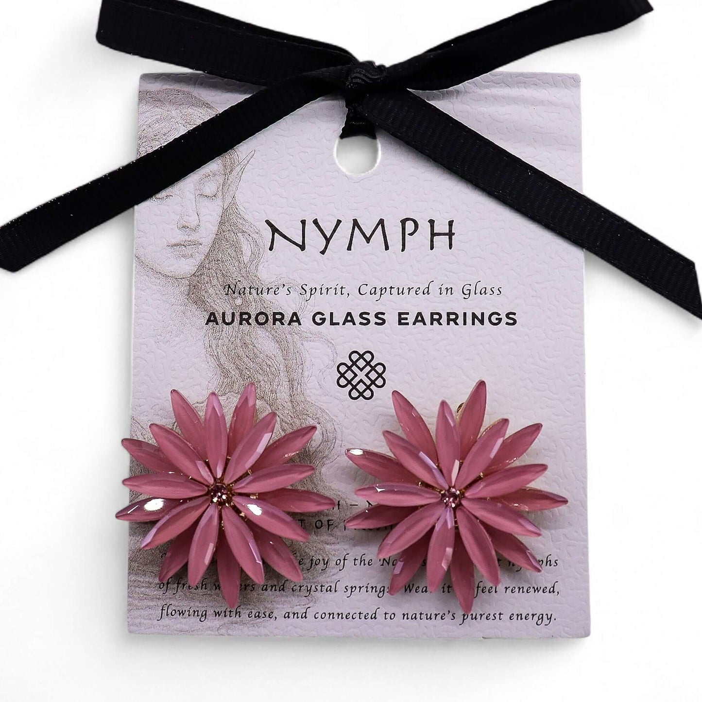 Soft pink vintage glass flower earrings on branded card, stainless steel fittings, 7.5 × 6 cm