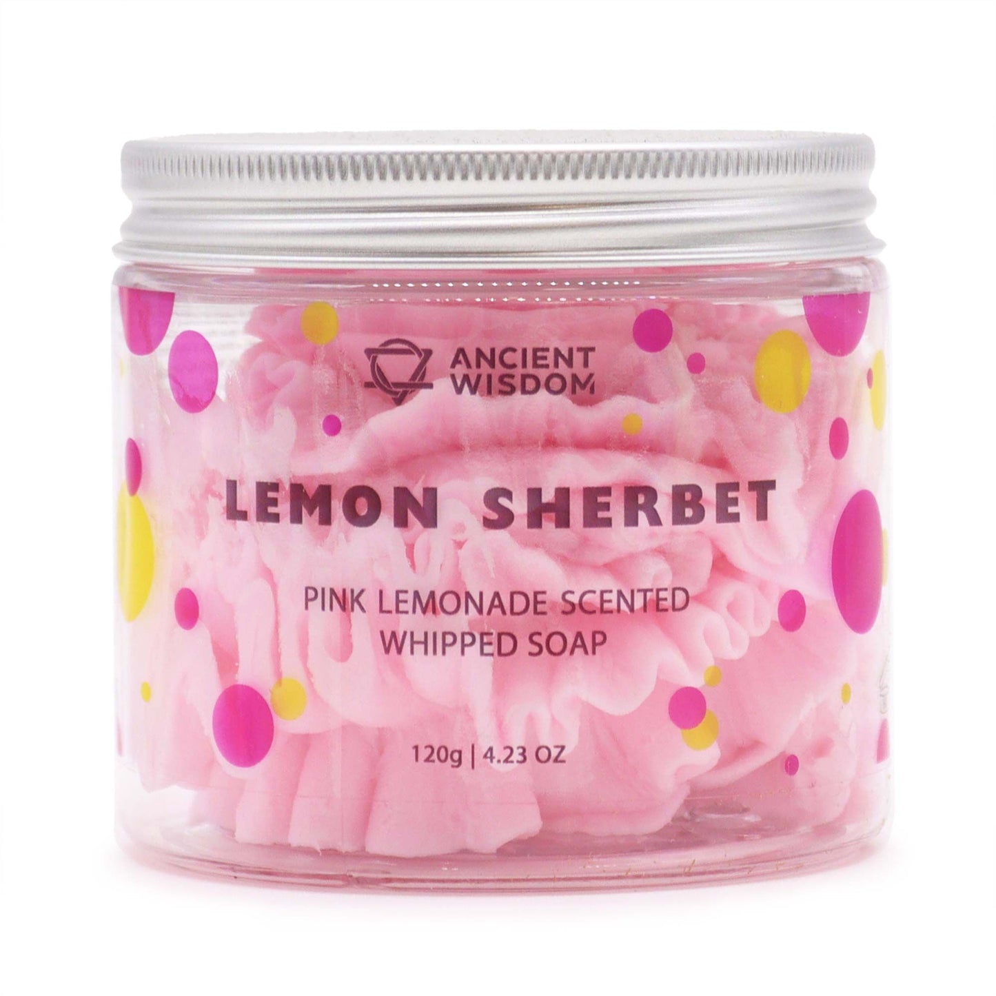 Pink Lemonade Whipped Soap 120g in a clear jar; lemon sherbet scent, cruelty-free, vegan, paraben-free and SLS-free.