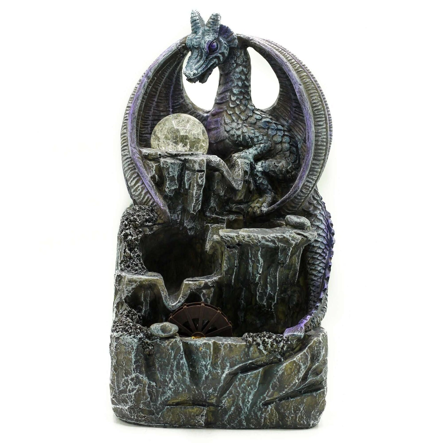 Dragon-themed decorative fountain with a moonstone on a white background