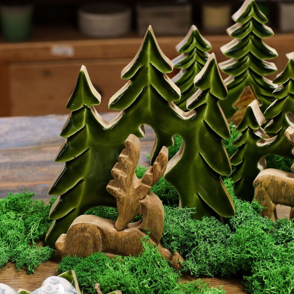 Lost in the Forrest 3D wooden stag among green trees, 23x20cm, handcrafted in India.