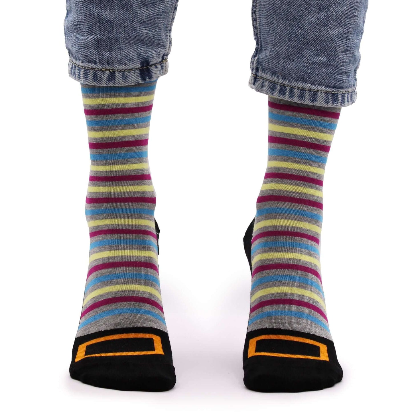 Hop Hare Bamboo Socks S/M - Hocus Pocus worn with colorful striped design and black heel detail.