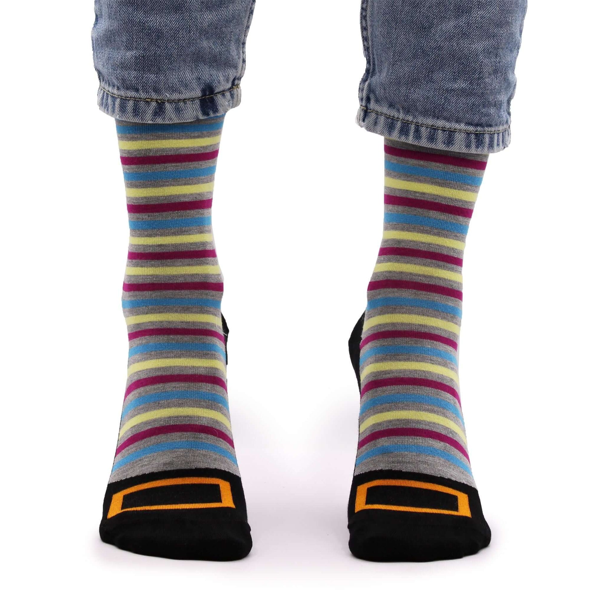 Hop Hare Bamboo Socks S/M - Hocus Pocus worn with colorful striped design and black heel detail.