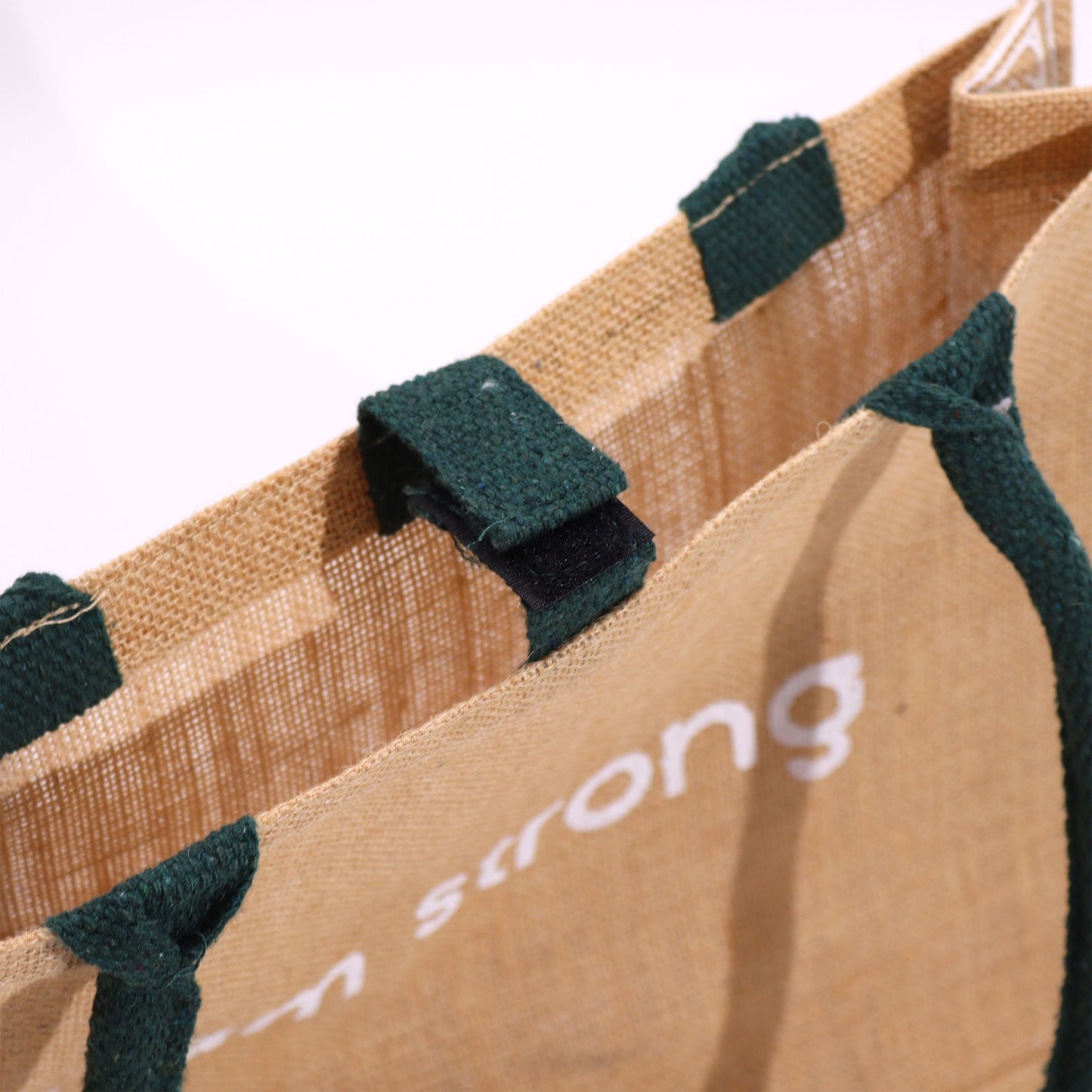 Hop Hare Jute Big Bag - I am Loved showing natural jute top, green handles, Velcro tab and partial white print