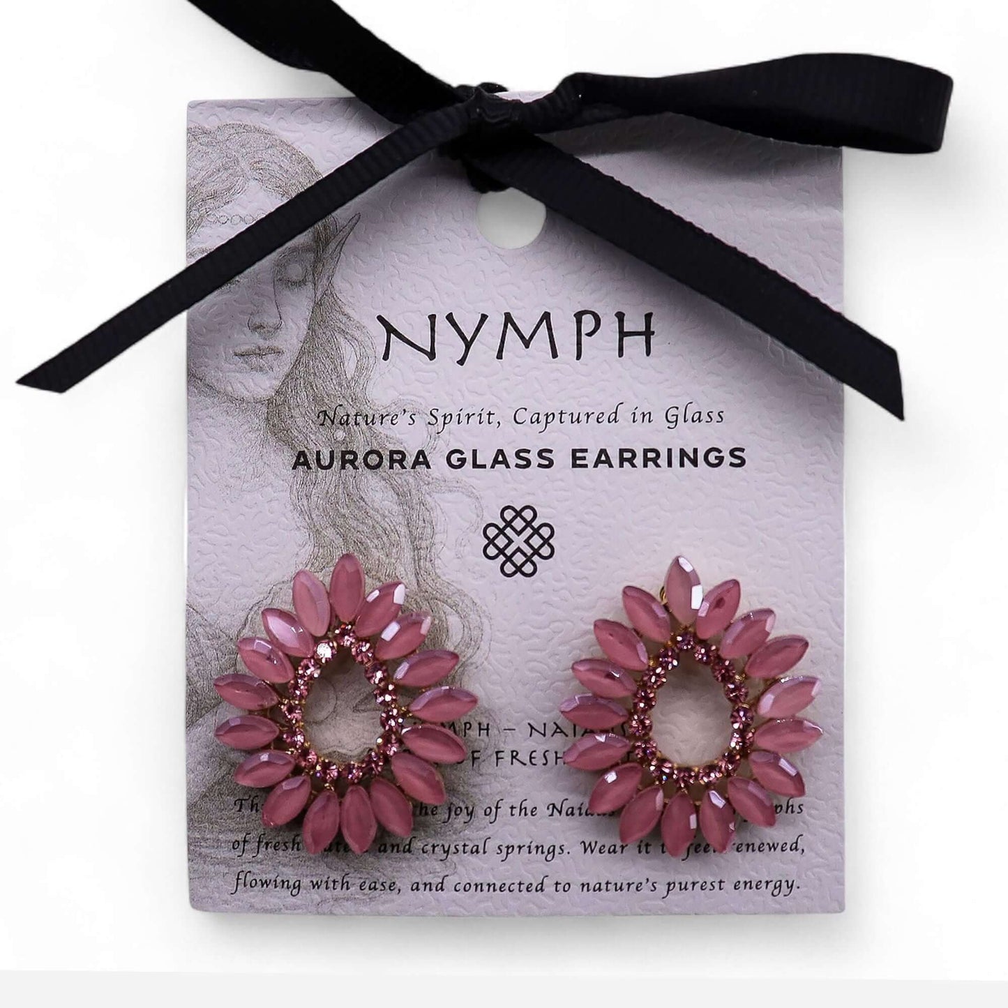 Soft Pink Vintage Glass Loop Earrings Nymph Aurora Glass displayed on a card with a black ribbon.