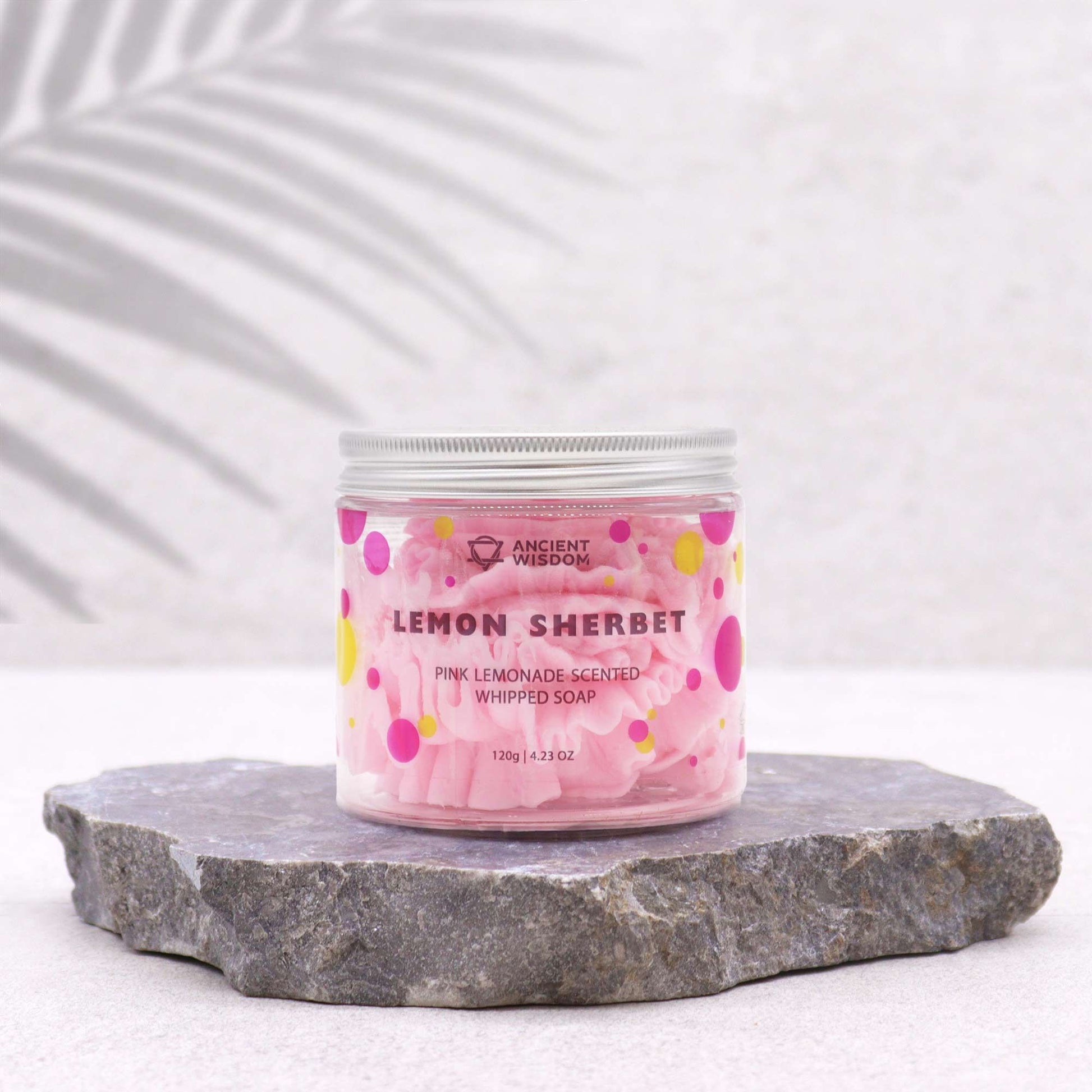 Pink Lemonade Whipped Soap 120g, lemon sherbet scent in pink packaging.