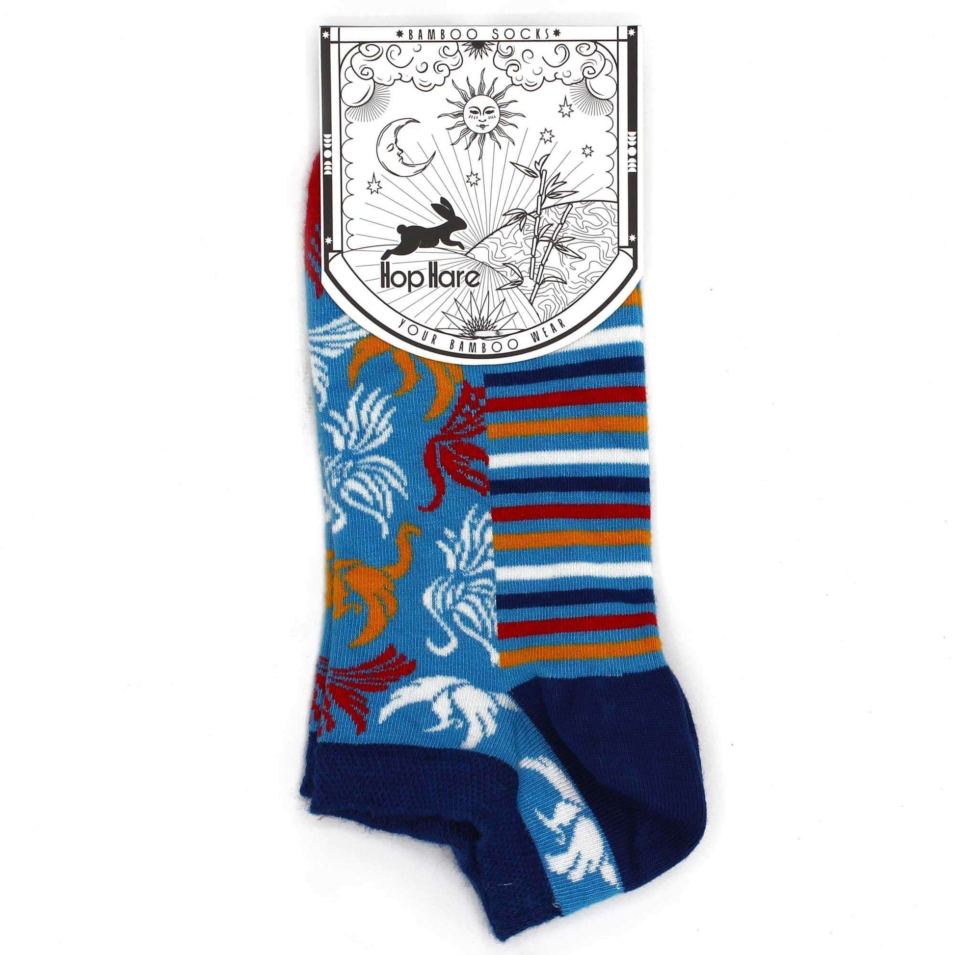 S/M Hop Hare Bamboo Socks Low (3.5-6.5) - Phoenix - Colorful low-cut design with vibrant patterns and branding.