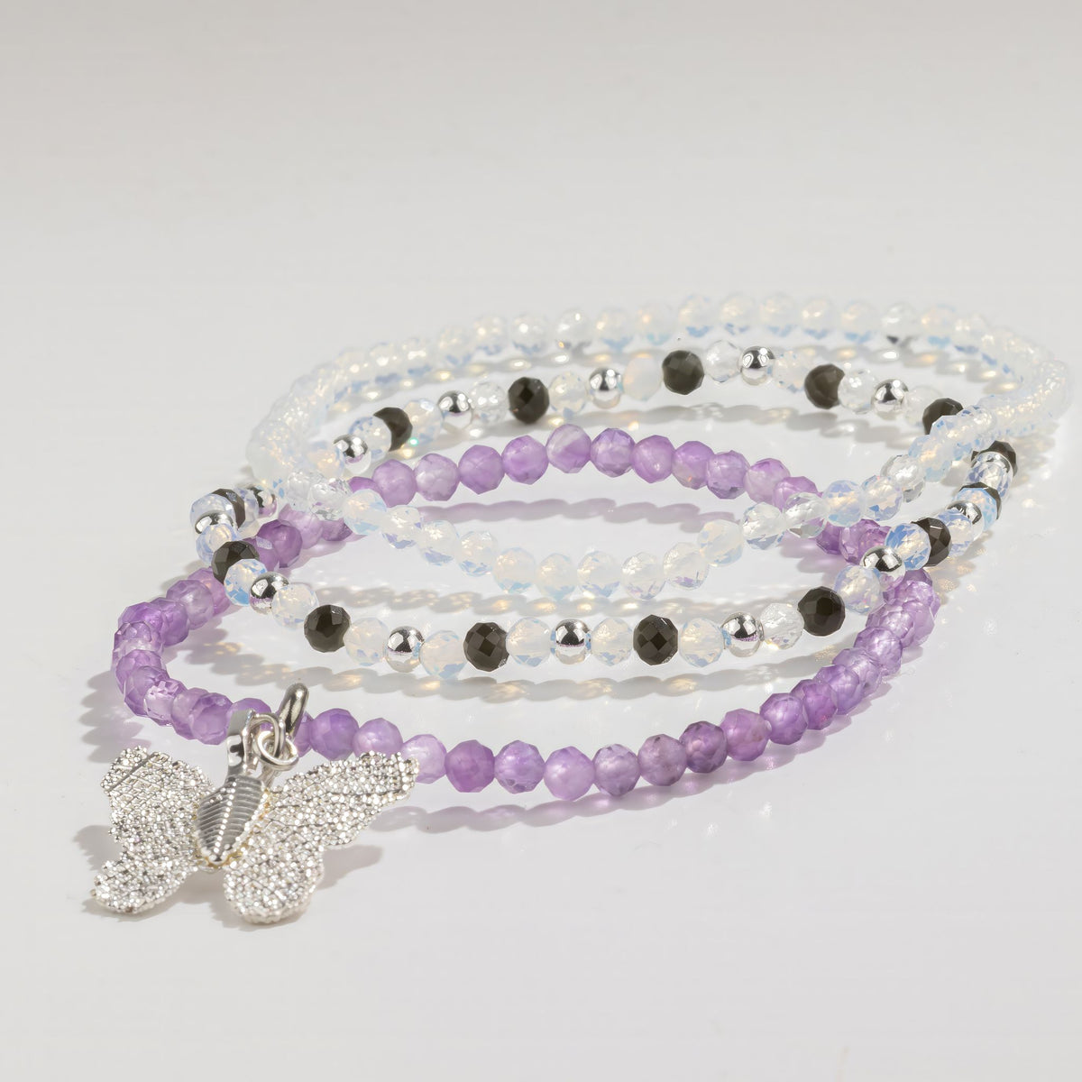 Amethyst, Moonstone & Black Obsidian Gemstone Bracelet Set