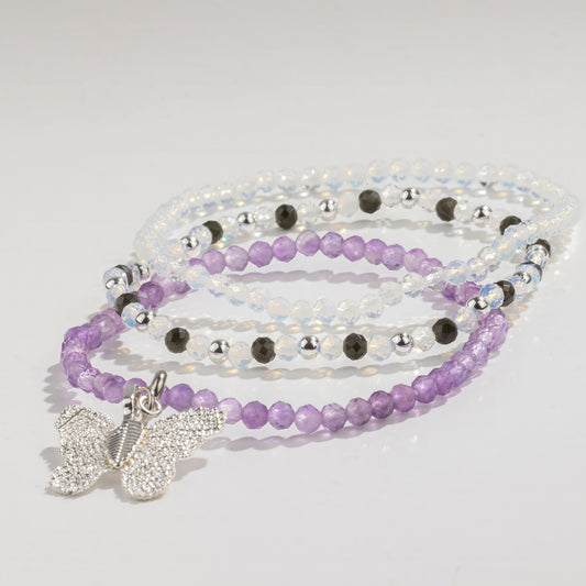 Amethyst, Moonstone & Black Obsidian Gemstone Bracelet Set