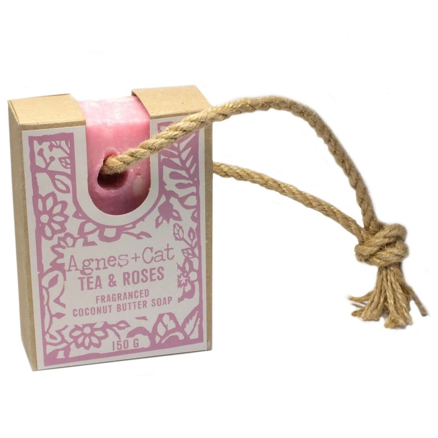 Soap On A Rope - TEA & ROSES in eco-friendly packaging with natural rope for hanging in shower or bath.
