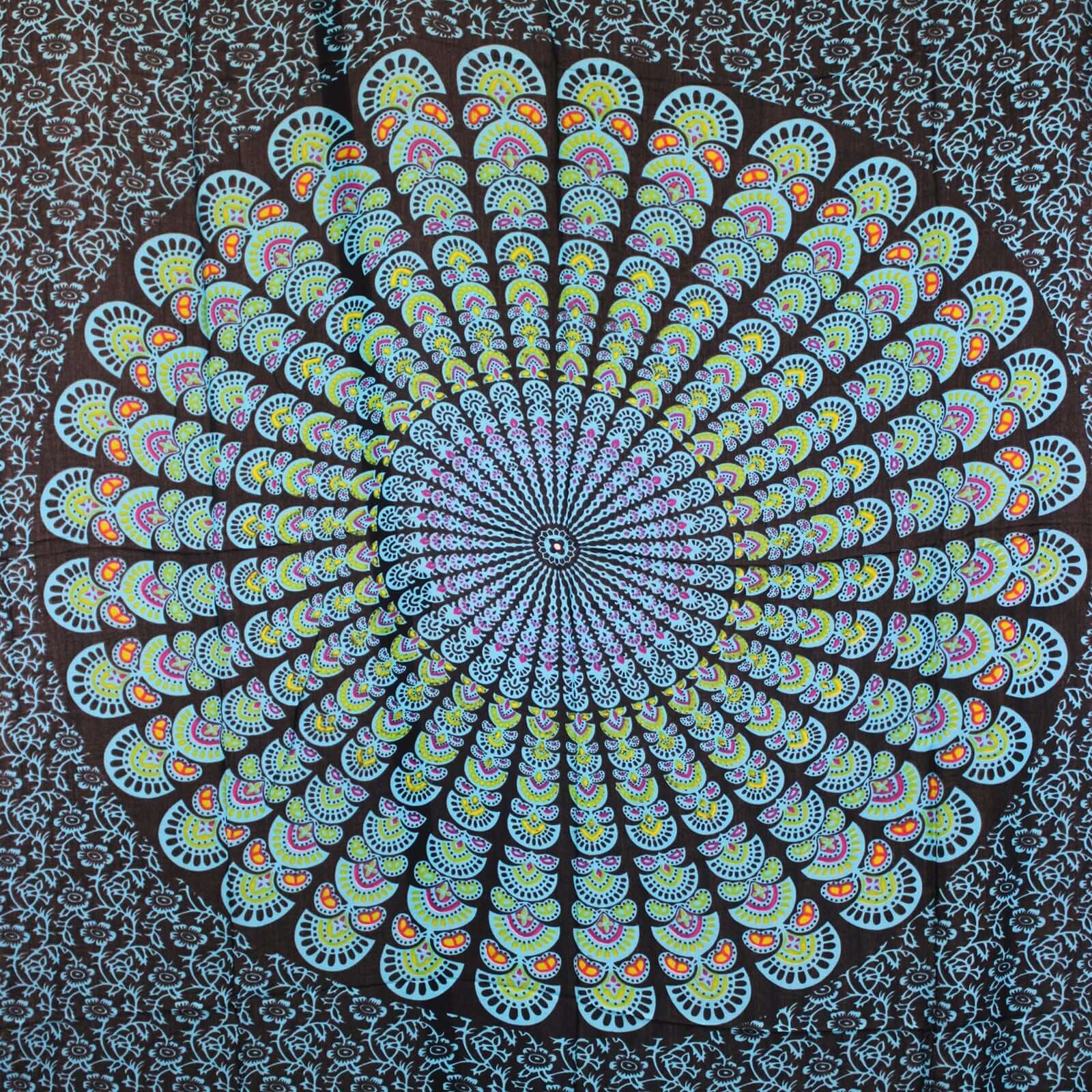 Peacock Classic Mandala Sarongs feature an intricate mandala design in vibrant blues and greens on a dark base.