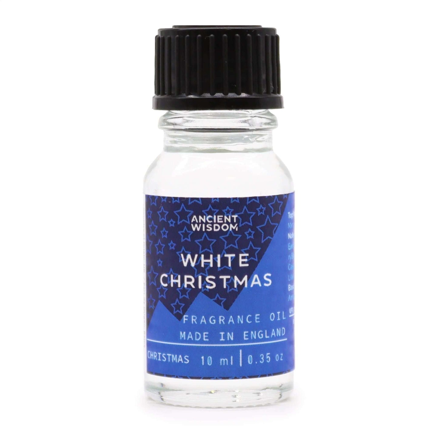 White Christmas Fragrance Oil 10ml bottle with blue label featuring stars and product details.