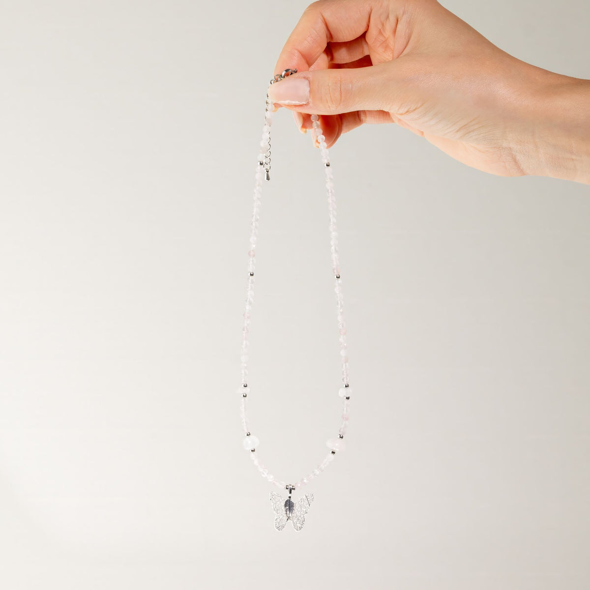 Rose Quartz Gemstone Necklace with Real Leaf Butterfly Pendant