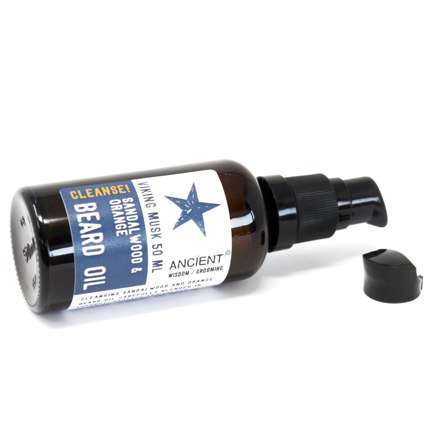50ml Beard Oil Viking Musk Cleanse bottle with orange and sandalwood scent and pump dispenser.