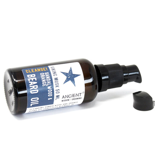 50ml Beard Oil Viking Musk Cleanse bottle with orange and sandalwood scent and pump dispenser.