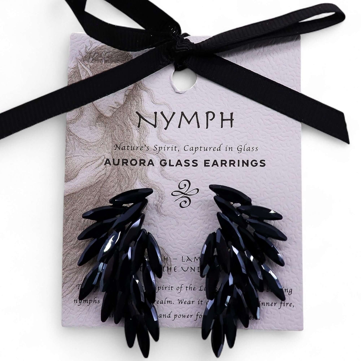 Jet Black Vintage Glass Angel Wing Earrings Stainless Steel displayed on a stylish card with ribbon.