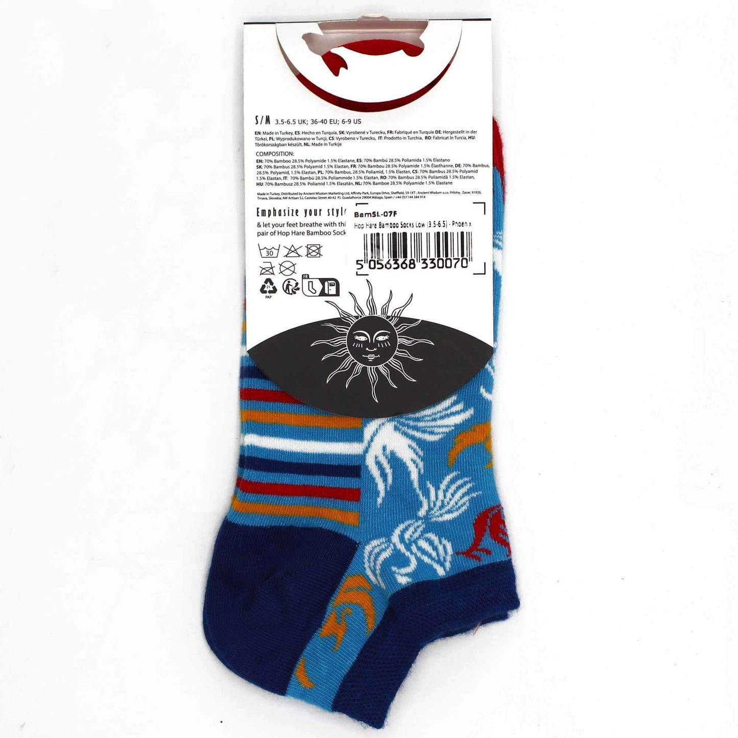 S/M Hop Hare Bamboo Socks Low (3.5-6.5) - Phoenix packaging with colorful design in blue, red, and patterns.