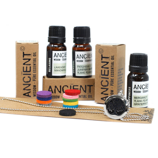 Tree of Life Necklace Gift Set with silver tree diffuser pendant, chain, coloured pads and Ancient essential oil trio