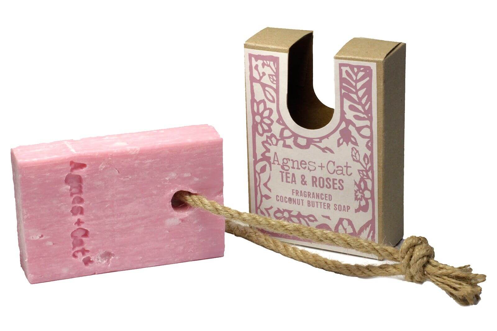 Soap On A Rope - TEA & ROSES by Agnes & Cat, artisan handmade soap with a floral rose scent and green tea undertones.