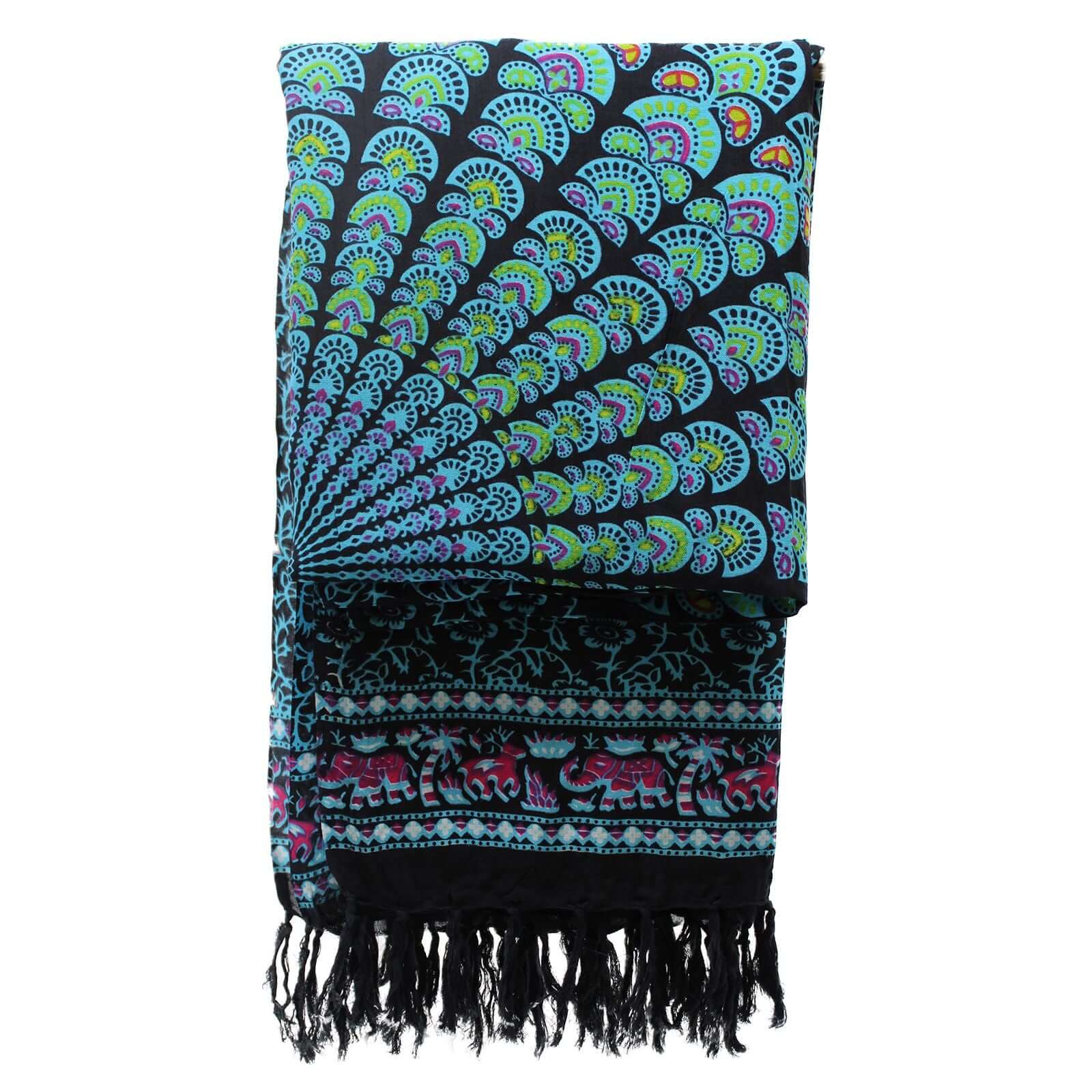 Peacock Classic Mandala Sarongs showcase vibrant peacock feather designs in blues and greens on a dark base.