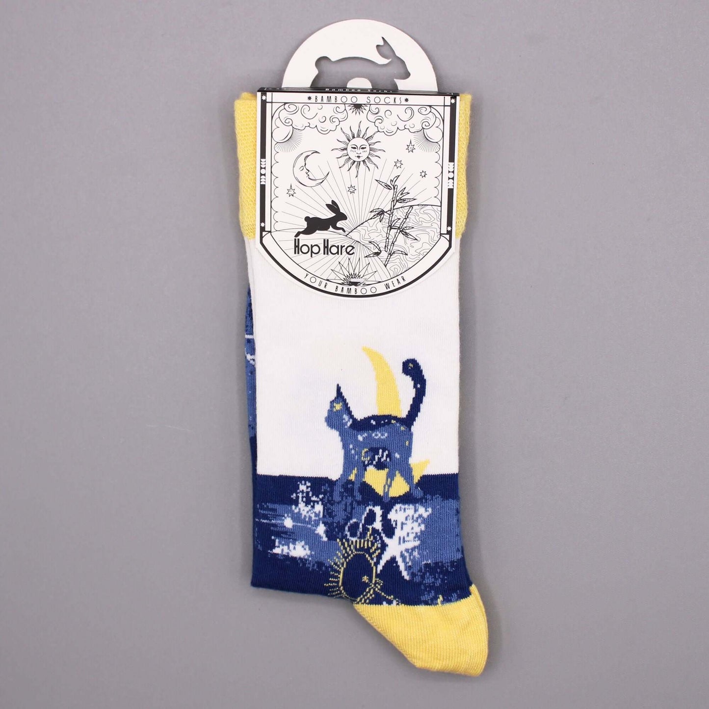 Hop Hare Bamboo Socks S/M - Midnight Cat featuring a cat design with yellow accents.