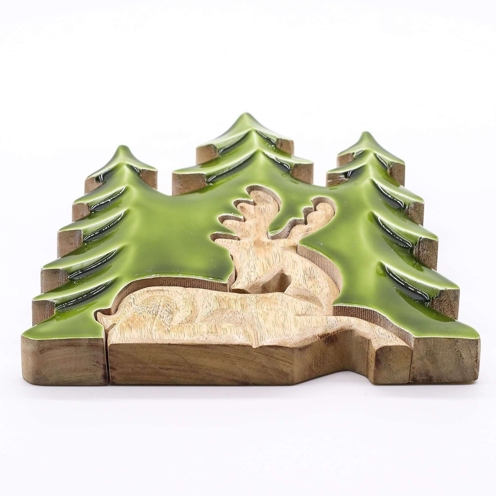 Lost in the Forrest 3D wooden stag among green trees, forest decoration, 23x20cm, handcrafted in India.