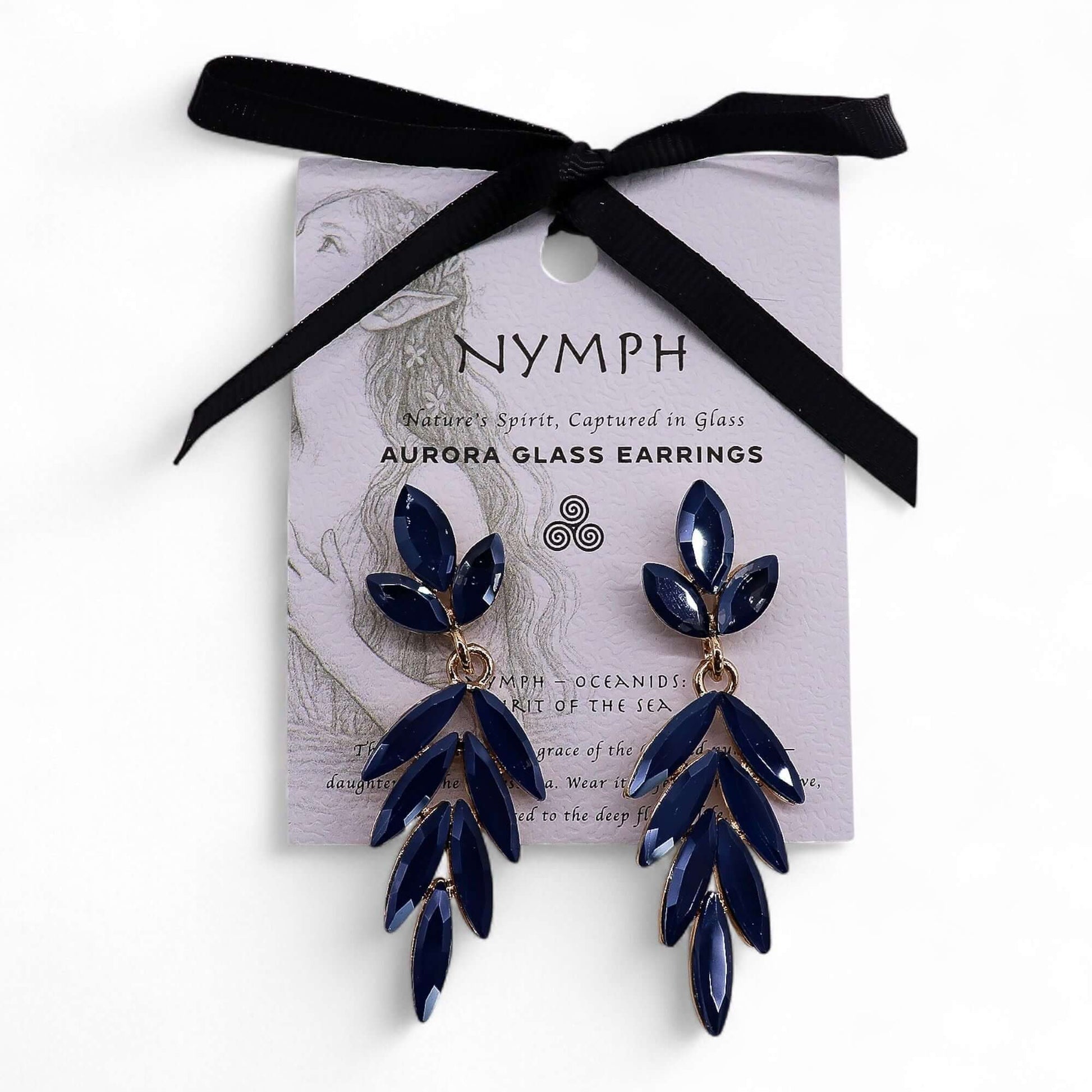 Royal Blue Vintage Glass Long Drop Earrings With Leaf Motif displayed on an elegant tag.