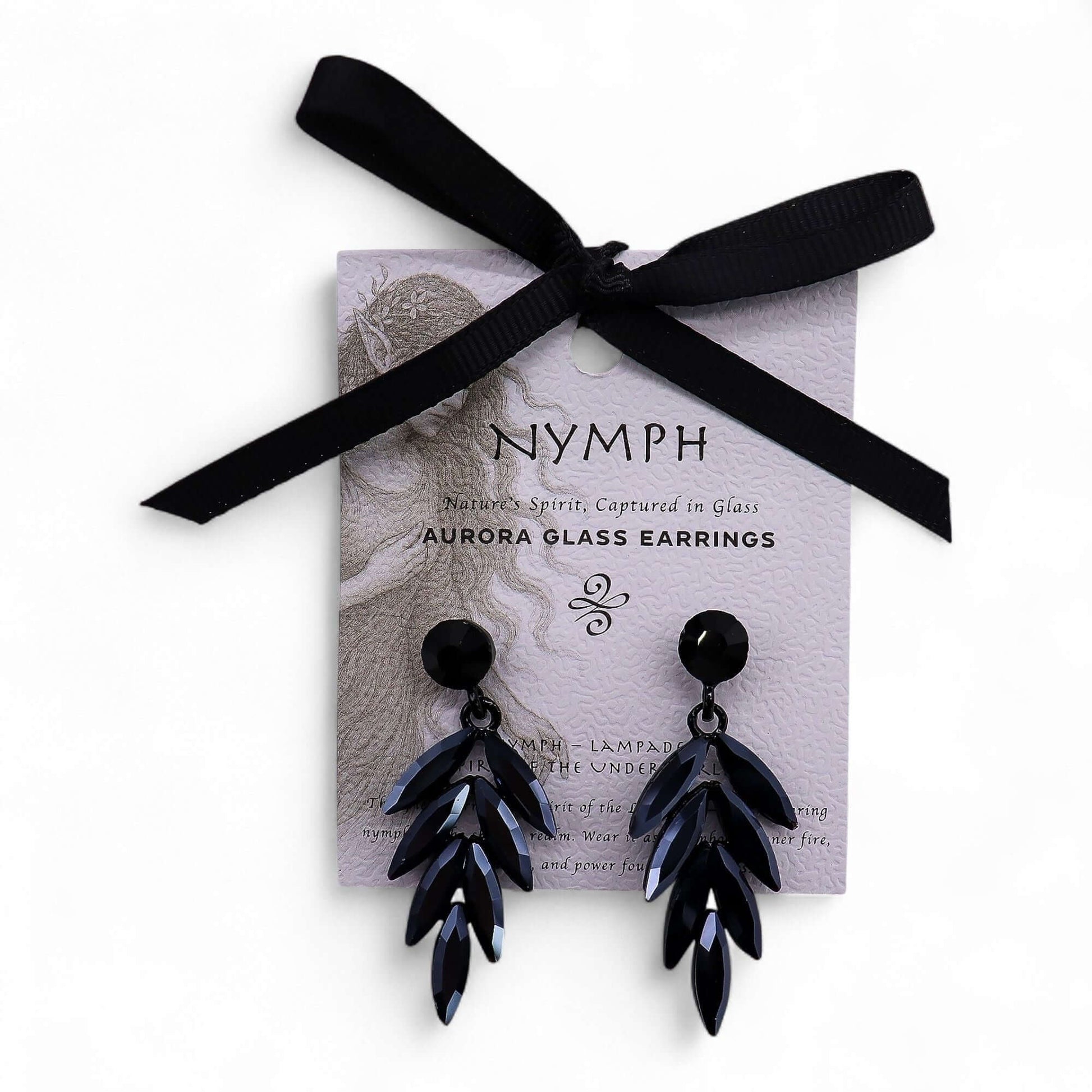 Jet Black Vintage Glass Long Drop Earrings Stainless Steel showcased on a card with a black ribbon.