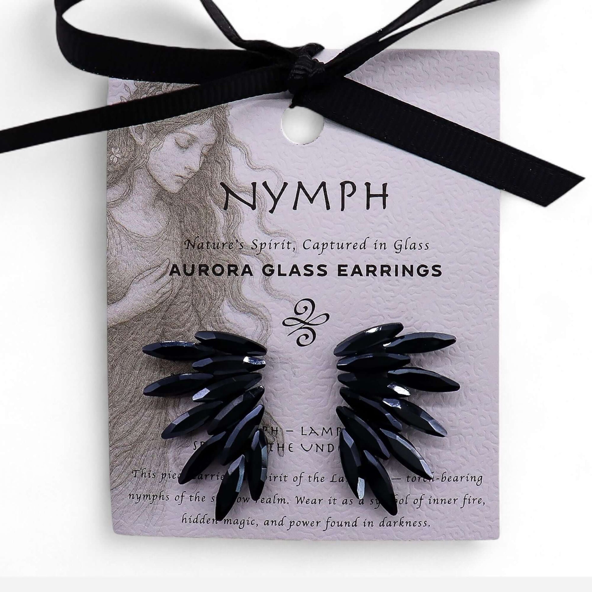 Jet Black Vintage Glass Fairies Earrings Stainless Steel Drops displayed on a card with artistic design.