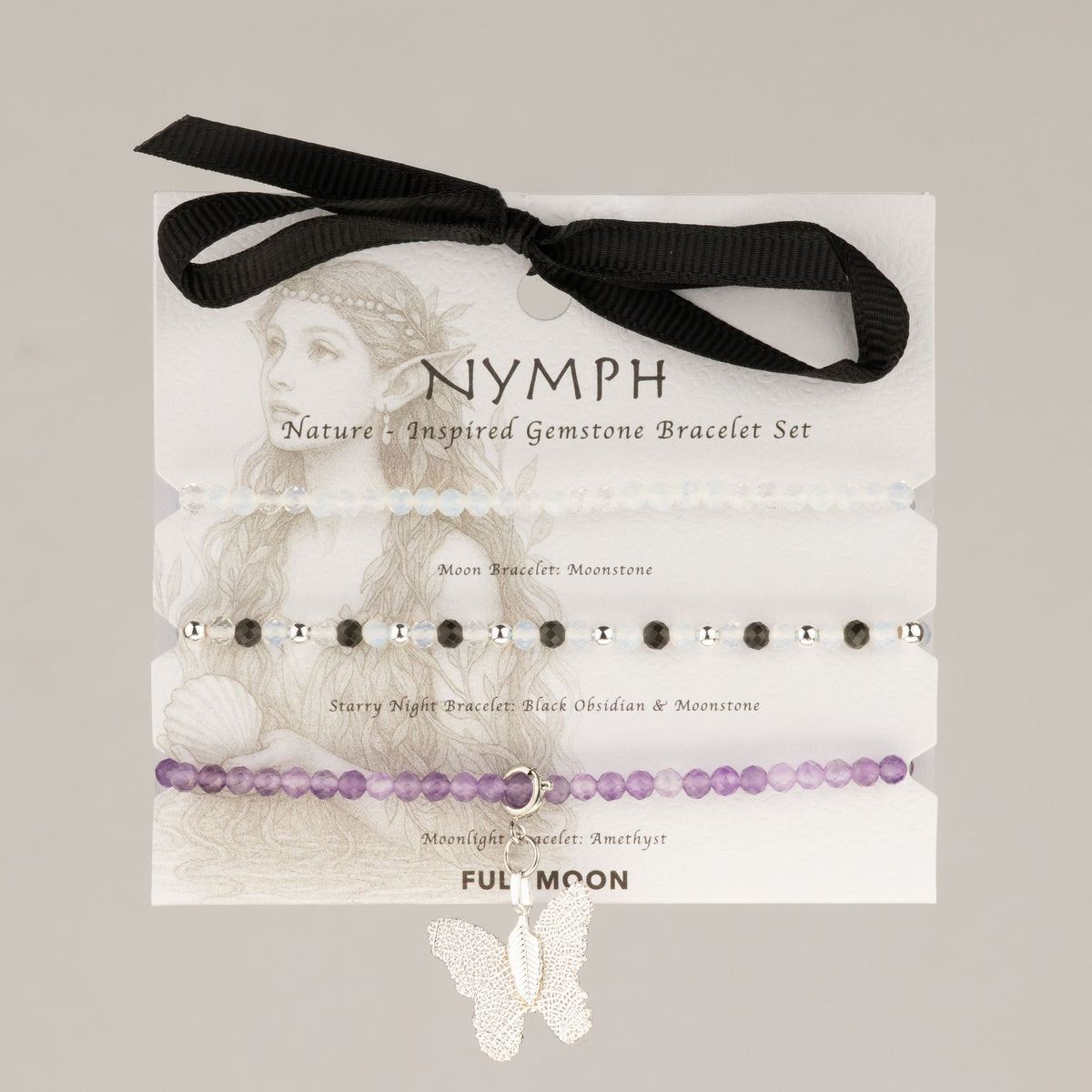 Amethyst, Moonstone & Black Obsidian Gemstone Bracelet Set