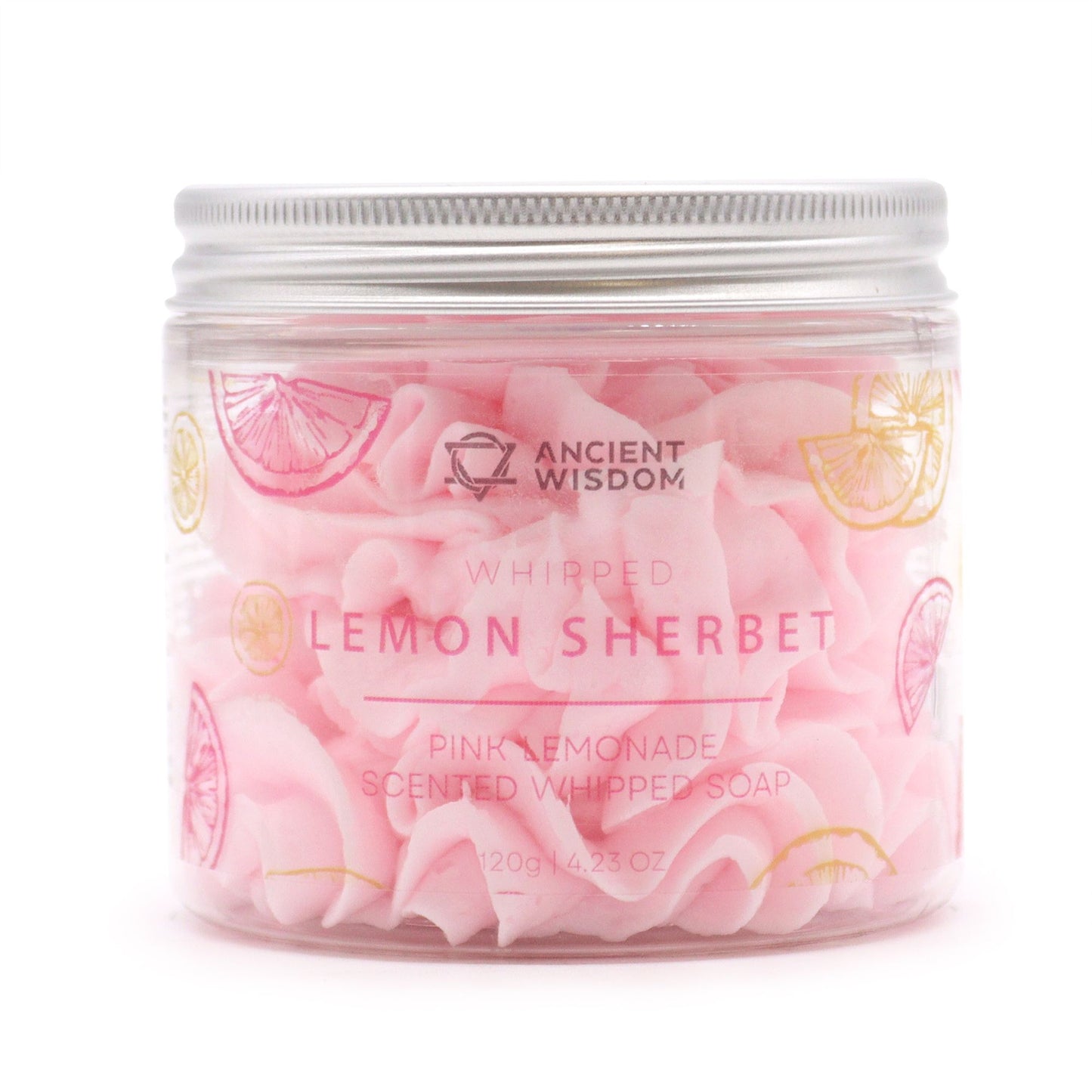 Pink Lemonade Whipped Soap 120g in clear jar with pink lemon sherbet swirls; vegan, cruelty-free, SLS-free